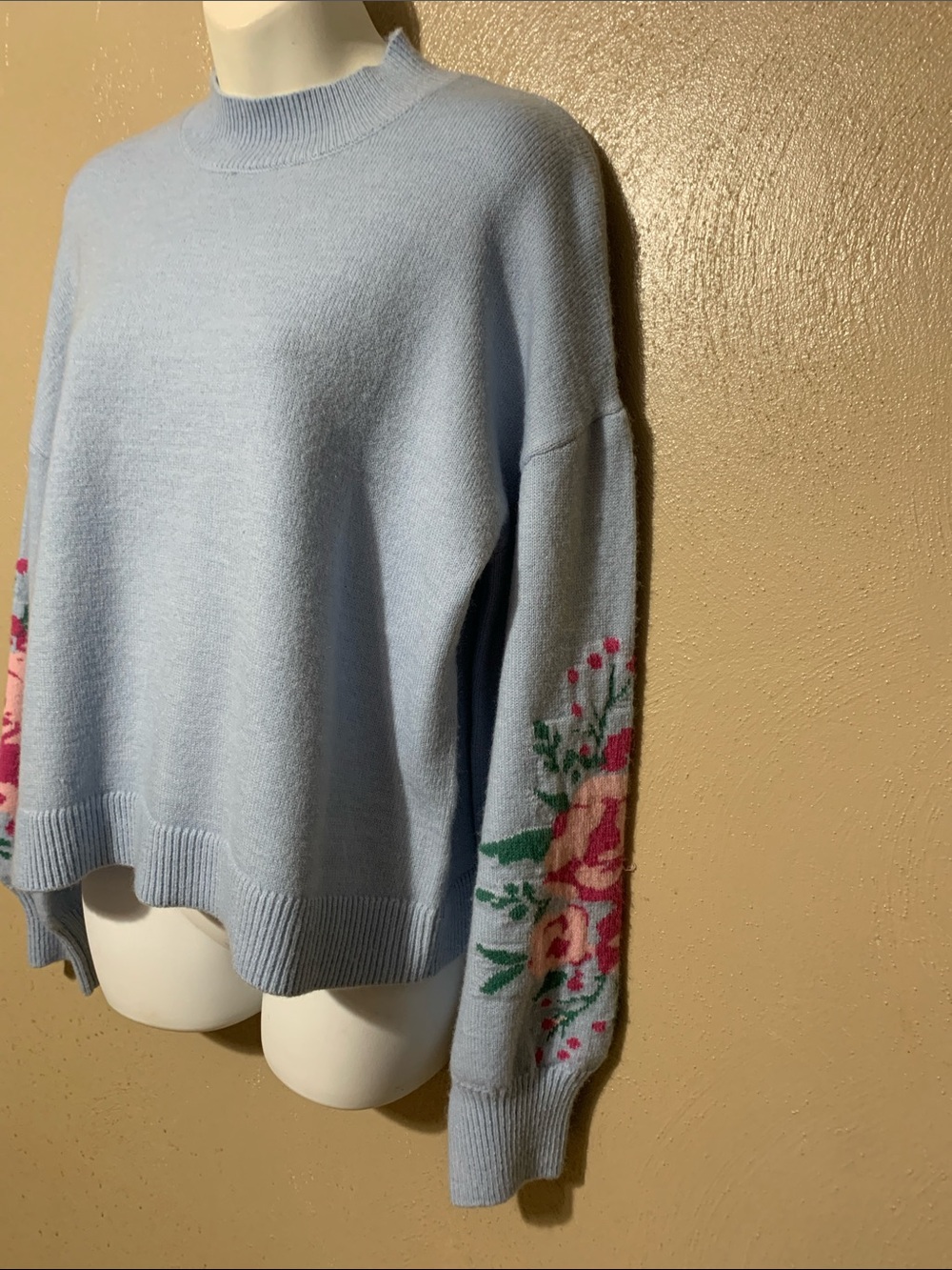 Belldini size M Light Blue Floral-Pink Embroidered Turtleneck Sweater NWT - Picture 3 of 4